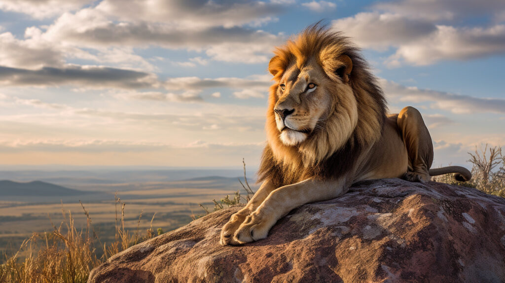 Majestic lion surveying savannah from rocky perch.