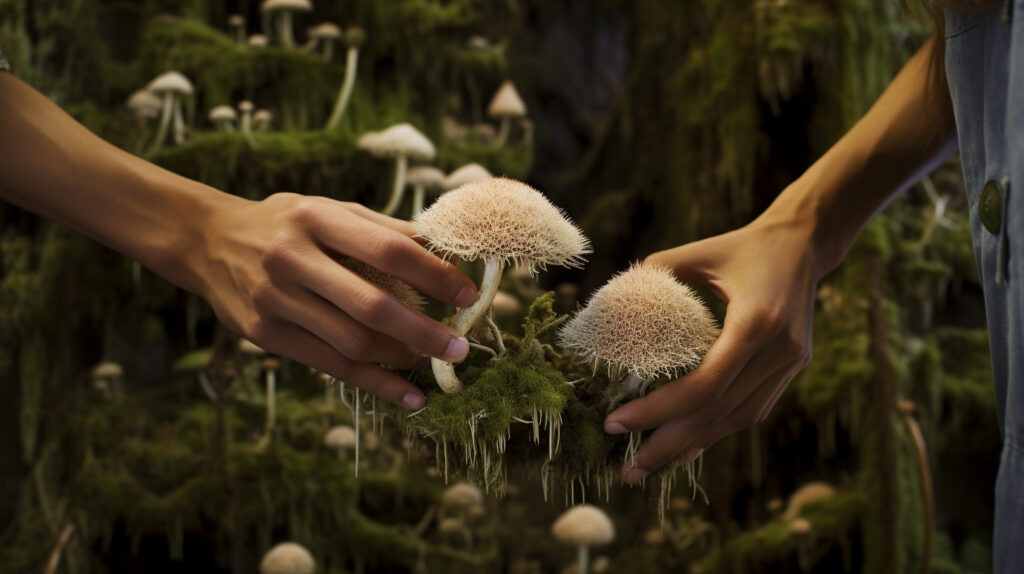 "Hyper-realistic photo of Lions Mane mushrooms in lush green forest"