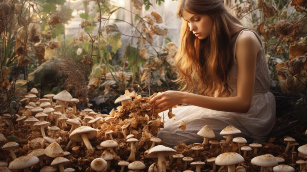 "Bountiful harvest of Lions Mane mushrooms on rustic wooden table"