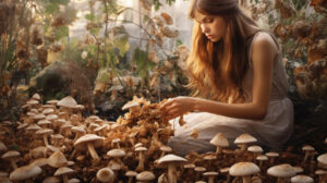 "Bountiful harvest of Lions Mane mushrooms on rustic wooden table"