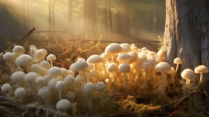 "Hyperrealistic photo of bountiful Lion's Mane mushrooms in natural light."