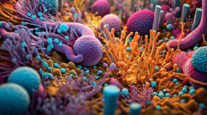 "Bustling gut microbiome with flourishing bacteria in beautiful detail"