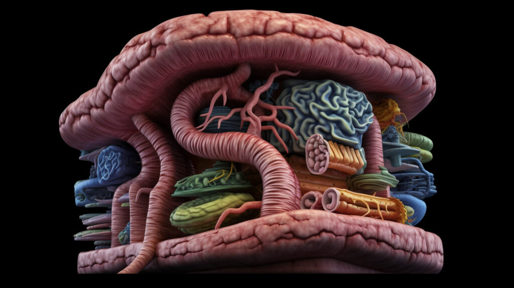 Hyperrealistic photograph of human digestive system with intricate, colorful detail.