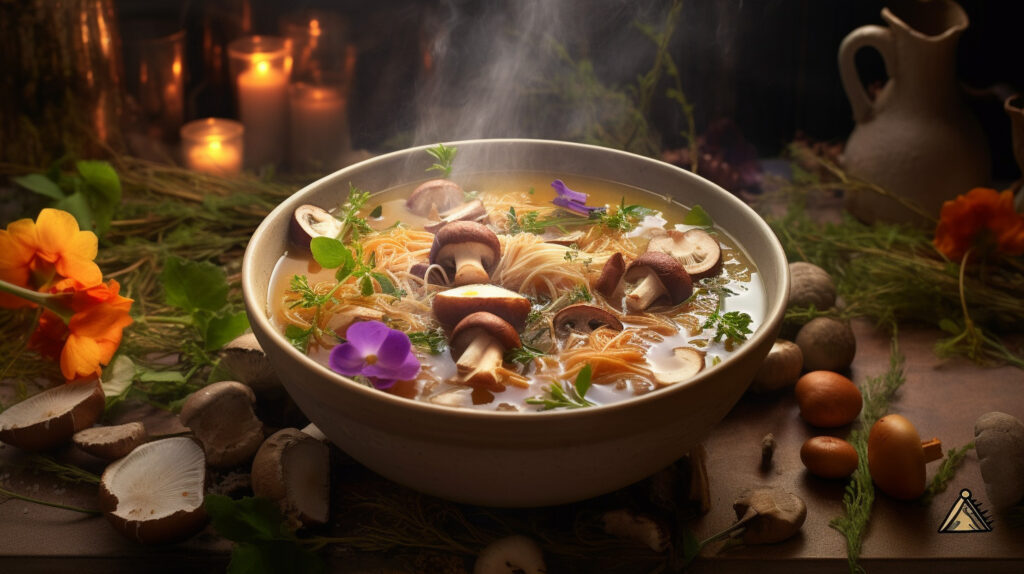 "Hyperrealistic lion's mane mushroom soup bursting with umami goodness"