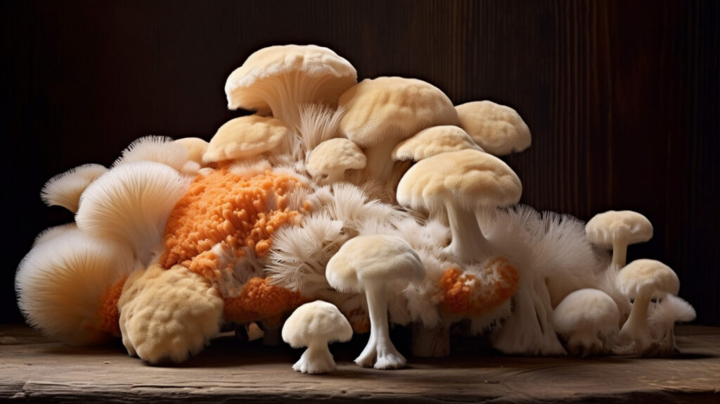 Freshly harvested Lion's Mane mushrooms on a wooden table captured in stunning detail.